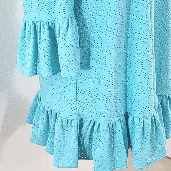 *NWT* MICHAEL MICHAEL KORS Turquoise/Light Blue Cold Shoulder Ruffle Top, size S - Picture 4 of 8